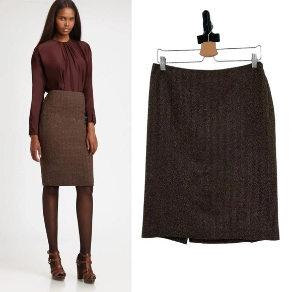 Ralph Lauren Black Label Tweed Pencil Skirt in Brown Herringbone Size 10
